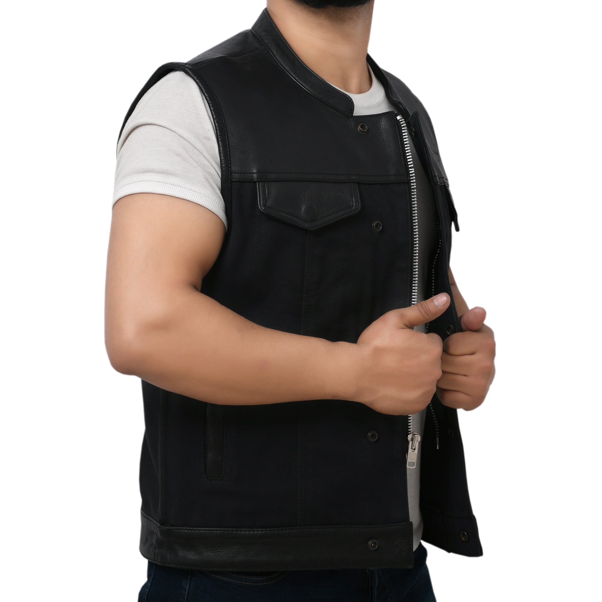 DETOUR - Motorcycle Leather/Canvas Vest Men's Canvas Vests Best Leather Ny