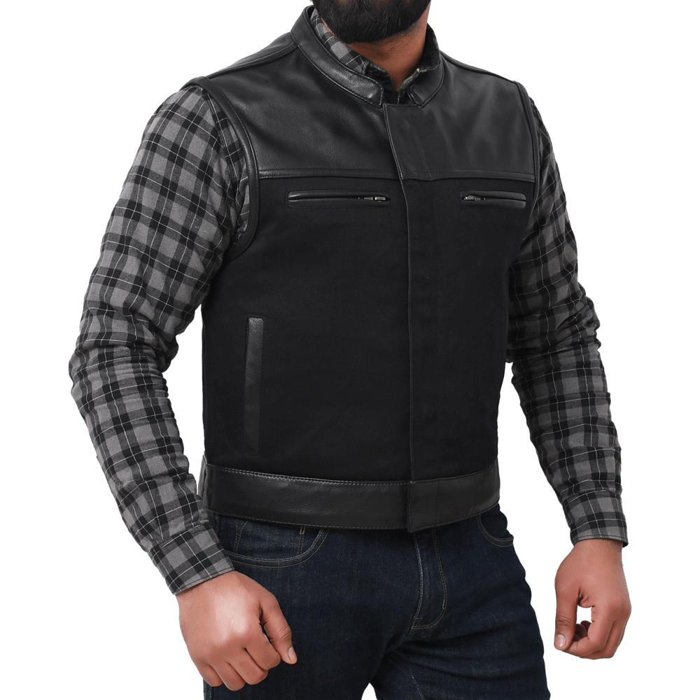FINN - Motorcycle Leather/Twill Vest Men's Denim Vest Best Leather Ny Black S