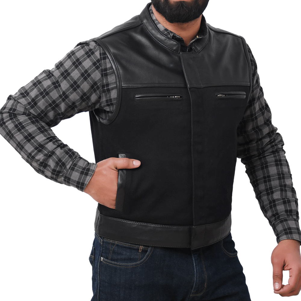 FINN - Motorcycle Leather/Twill Vest Men's Denim Vest Best Leather Ny