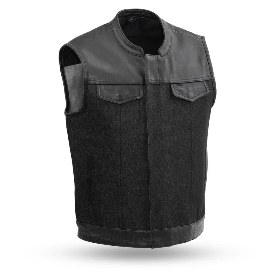 GAIUS - Motorcycle Denim/Leather Vest Men's Denim Vest Best Leather Ny Black S