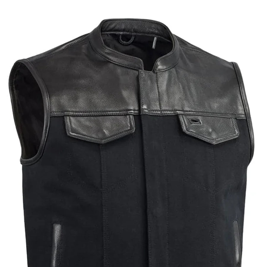 SKYFALL - Motorcycle Leather/Canvas Vest Men's Canvas Vests Best Leather Ny
