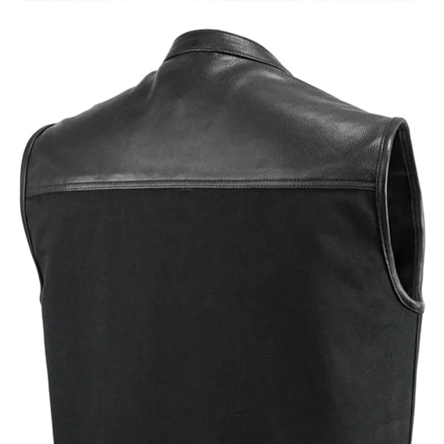SKYFALL - Motorcycle Leather/Canvas Vest Men's Canvas Vests Best Leather Ny