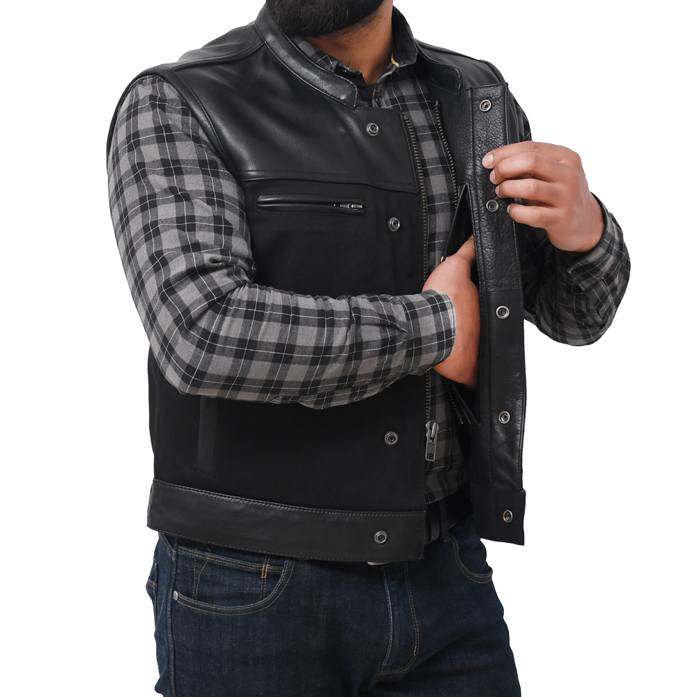 FINN - Motorcycle Leather/Twill Vest Men's Denim Vest Best Leather Ny