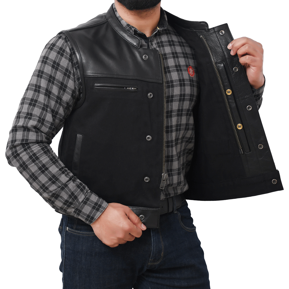 FINN - Motorcycle Leather/Twill Vest Men's Denim Vest Best Leather Ny