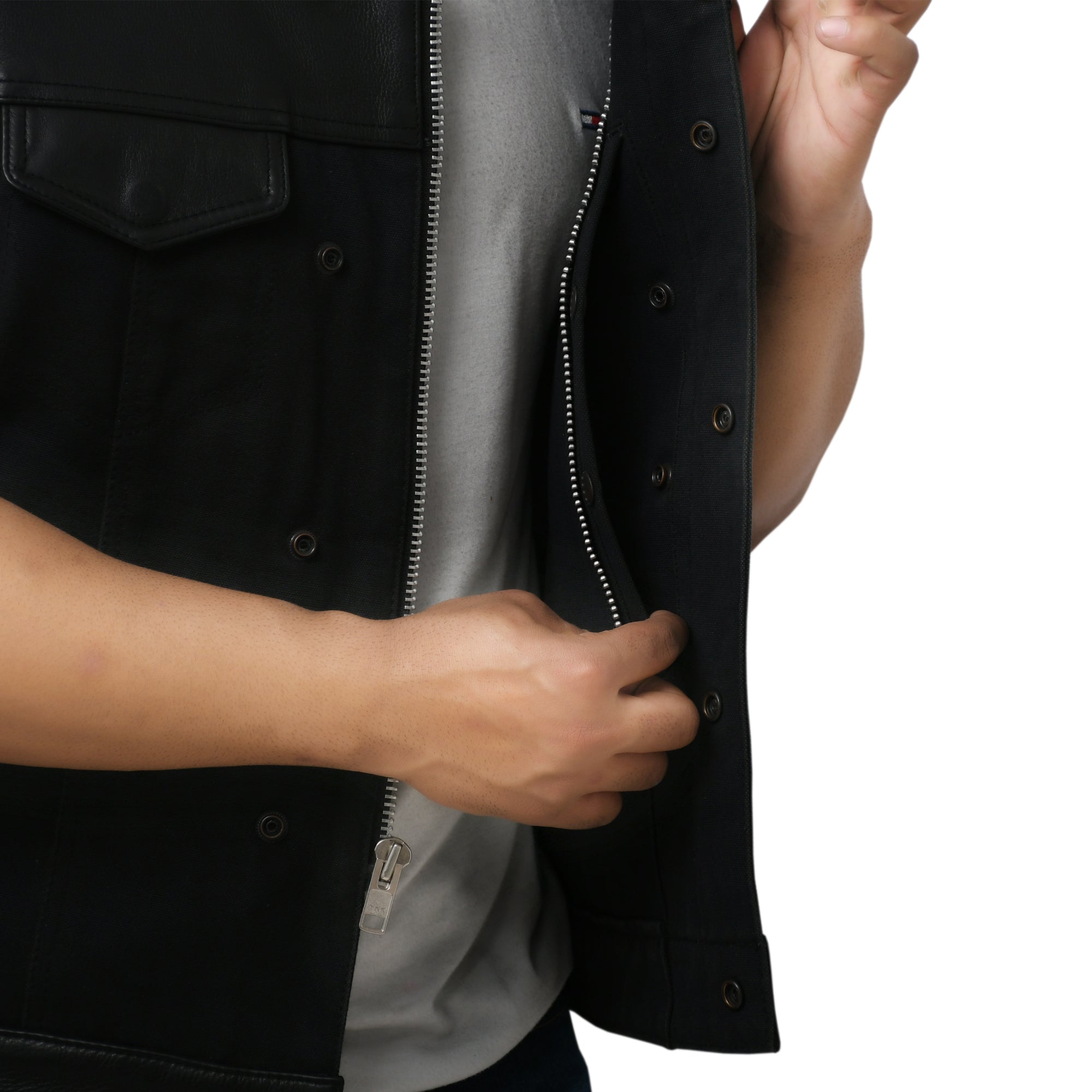 DETOUR - Motorcycle Leather/Canvas Vest Men's Canvas Vests Best Leather Ny
