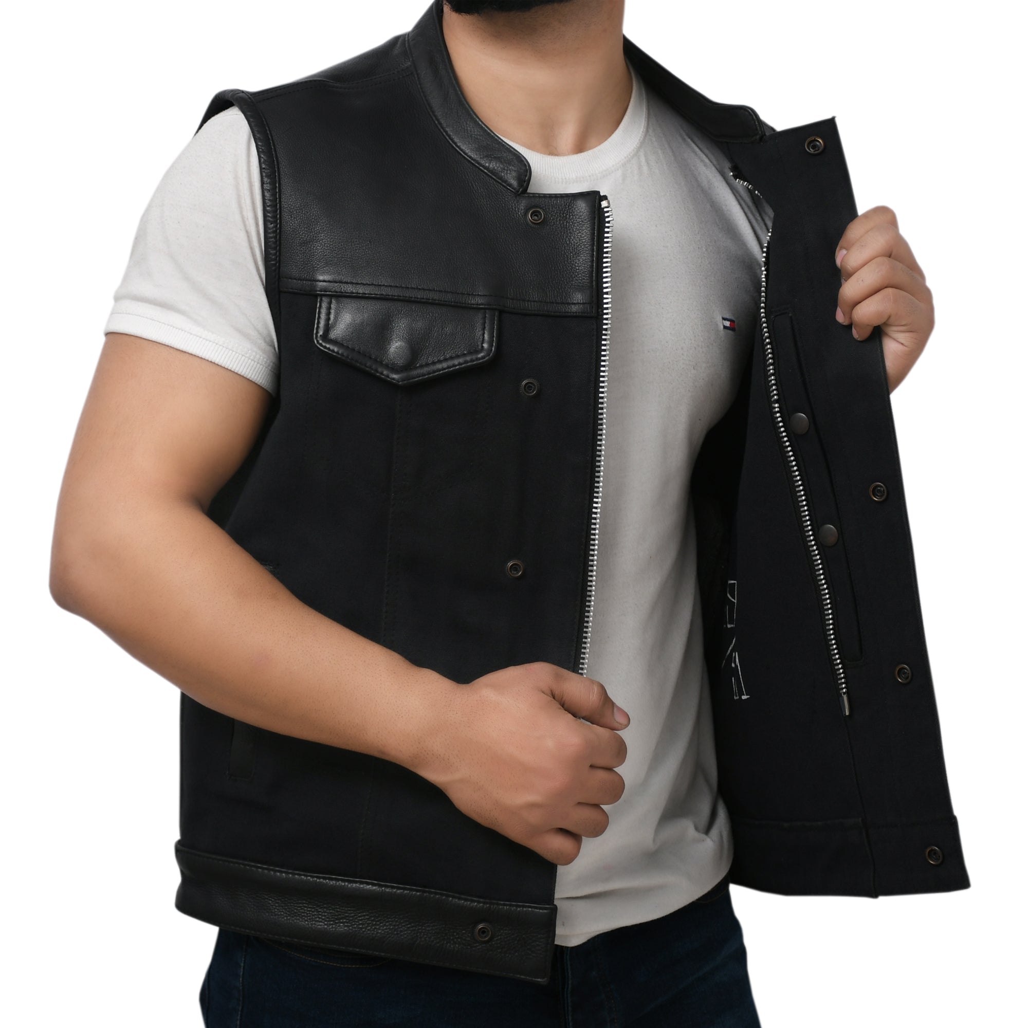 DETOUR - Motorcycle Leather/Canvas Vest Men's Canvas Vests Best Leather Ny