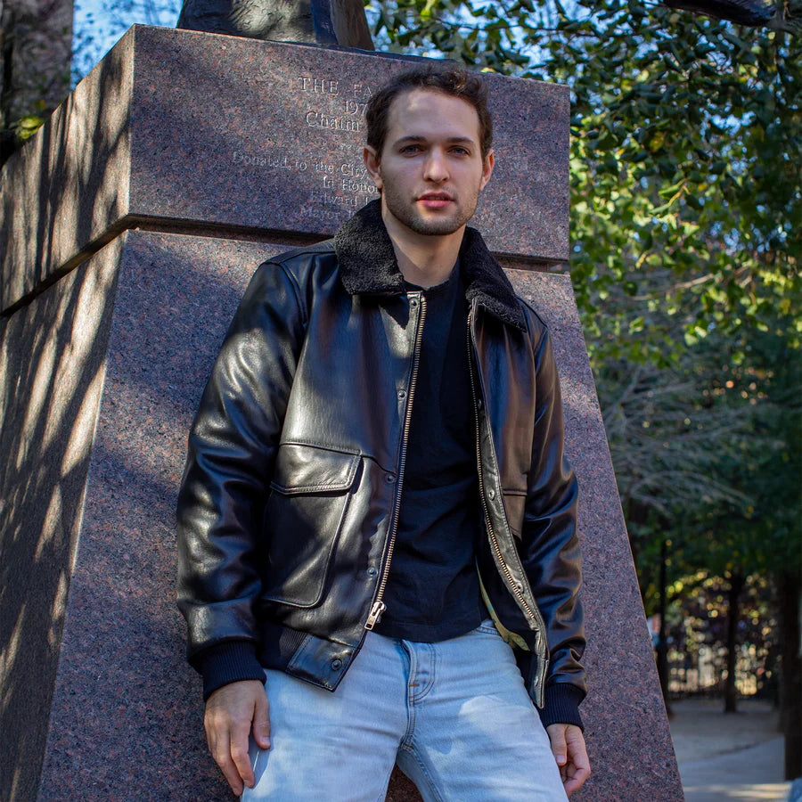 Baron Mens Bomber Leather Jacket Men's New Zealand Lambskin Jacket FMCo Black XS