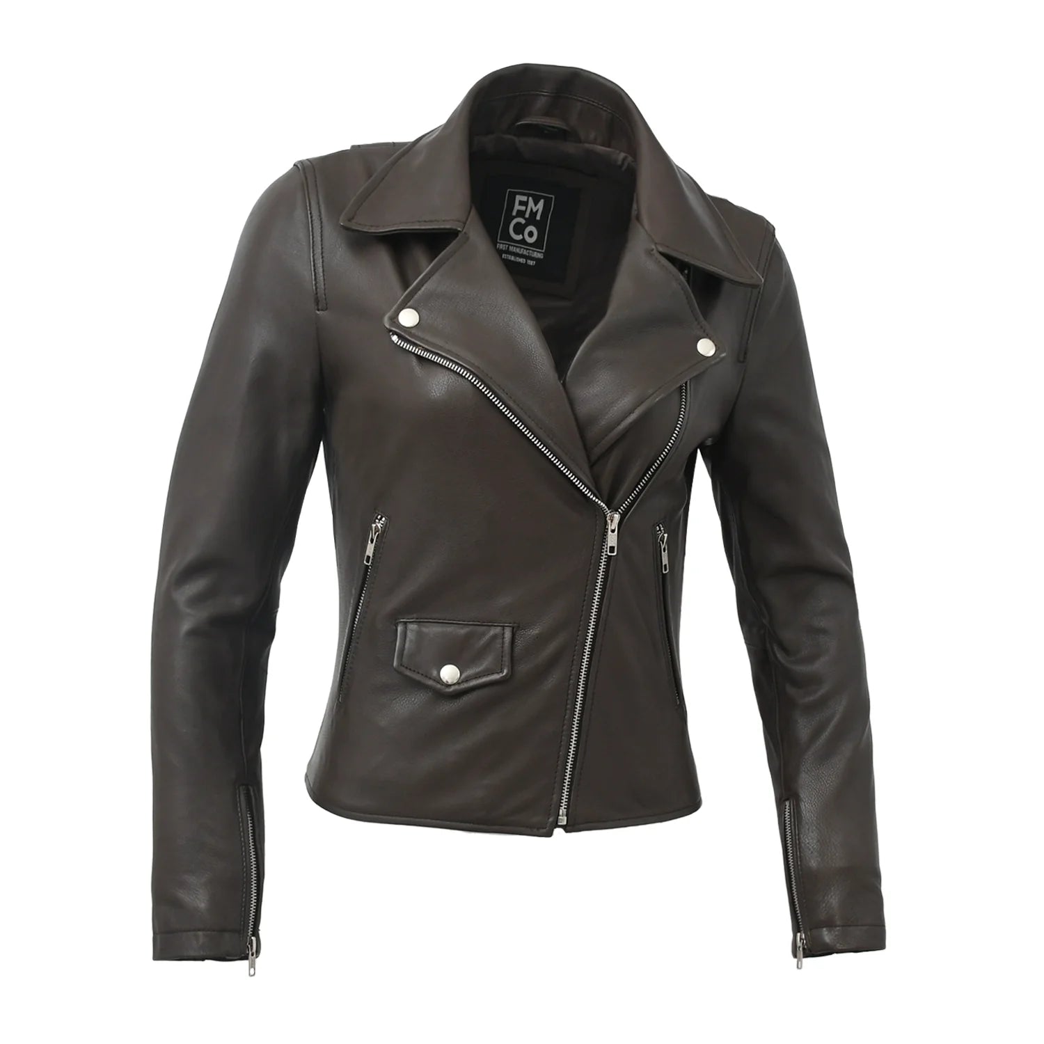Lennox Moto Style Leather Jacket Women's Fashion Leather Jacket FMCo Dark Brown XS