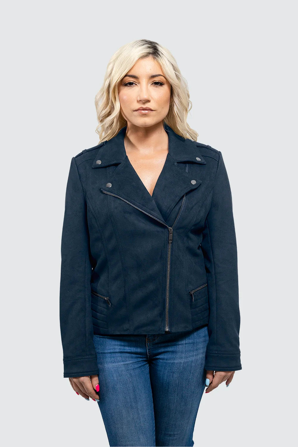 Molly Women's Vegan Faux Leather Jacket (Navy Blue) Women's Vegan Leather Jacket FMCo