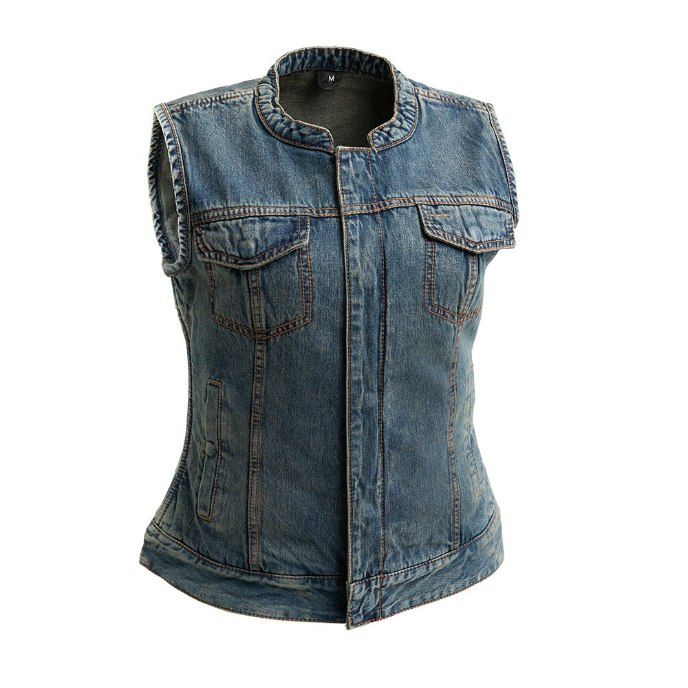 CAT WOMEN Motorcycle Denim Vest Women's Denim Vest Best Leather Ny Blue XS