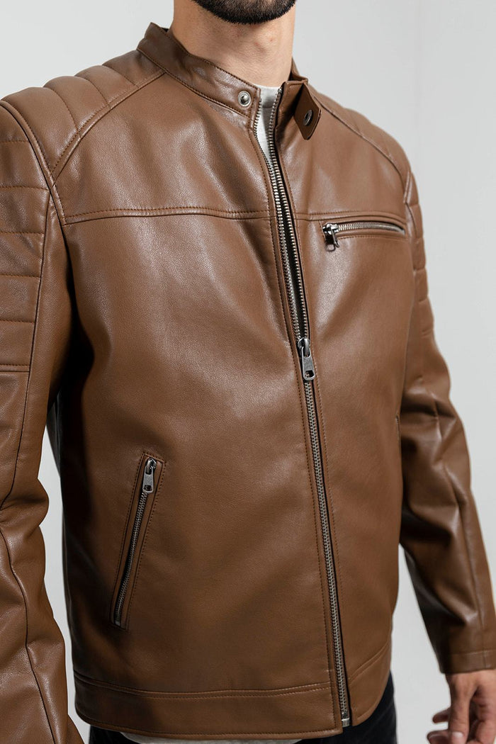 Dustin - Men's Vegan Faux Leather Jacket (Dark Camel) Men's Vegan Faux Leather jacket Best Leather Ny
