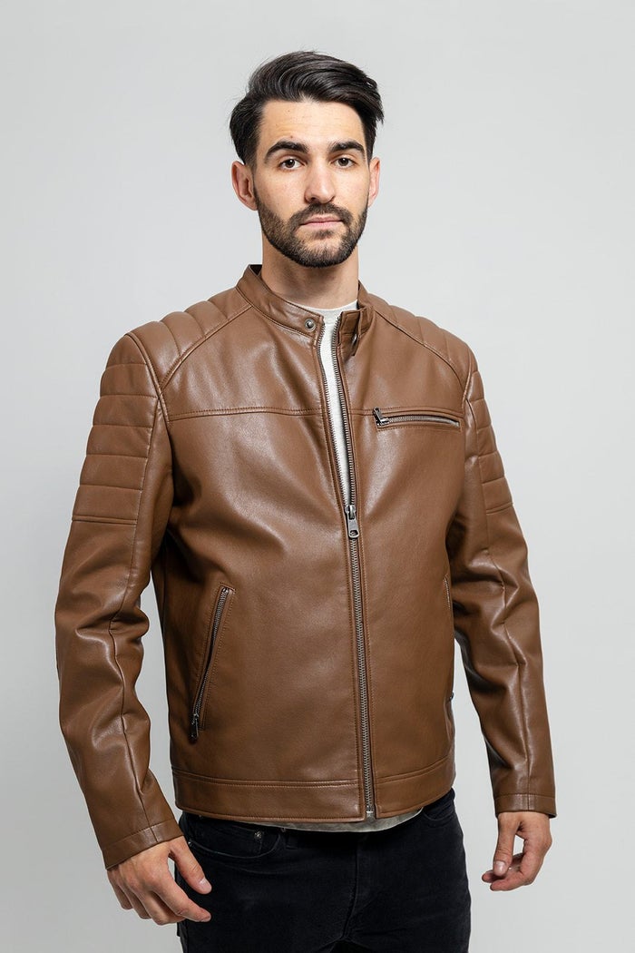 Dustin - Men's Vegan Faux Leather Jacket (Dark Camel) Men's Vegan Faux Leather jacket Best Leather Ny