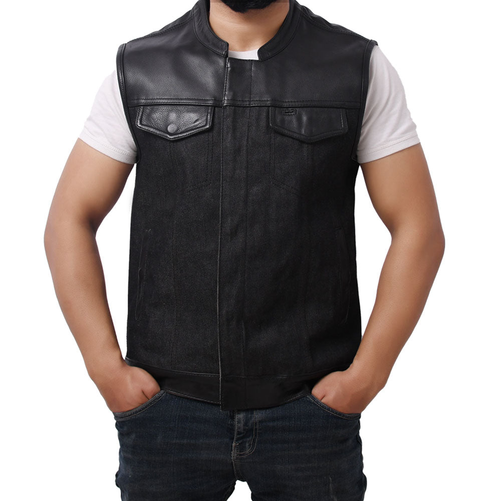 GAIUS - Motorcycle Denim/Leather Vest Men's Denim Vest Best Leather Ny