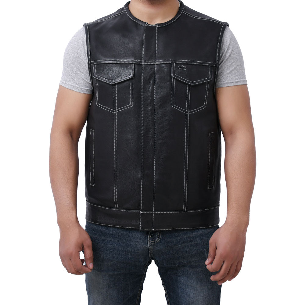 SUNRISE - Motorcycle Leather Vest Men's Leather Vest Best Leather Ny BLACK WHITE S