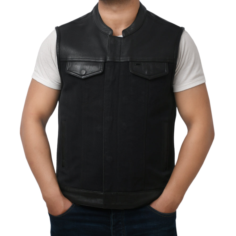 DETOUR - Motorcycle Leather/Canvas Vest Men's Canvas Vests Best Leather Ny S