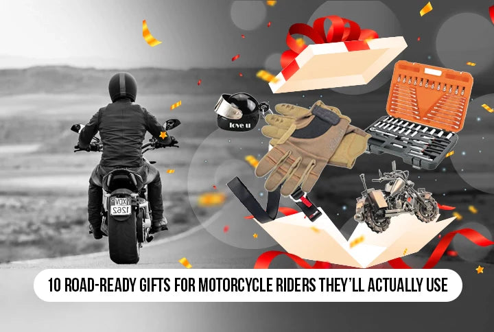 Biker riding on open road with gift ideas for motorcycle riders including leather gloves, helmet, tool kit, and accessories