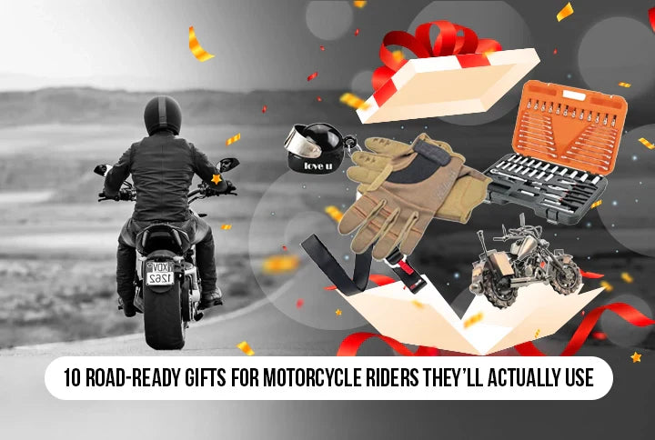 Biker riding on open road with gift ideas for motorcycle riders including leather gloves, helmet, tool kit, and accessories