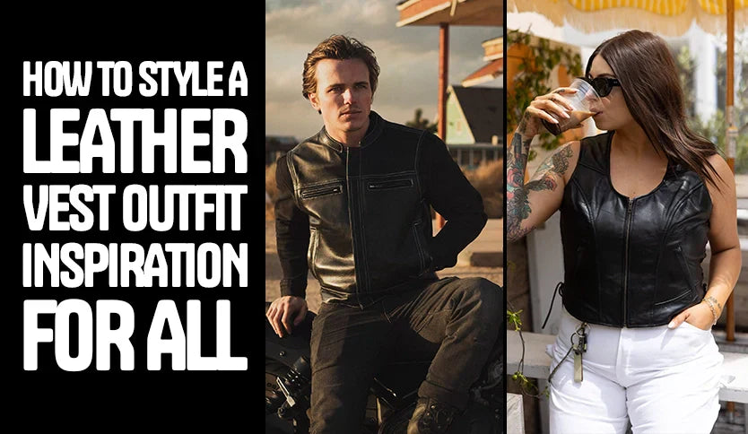 Man & woman wearing black leather vests showcasing stylish outfit ideas - casual, biker, and streetwear looks for men & women