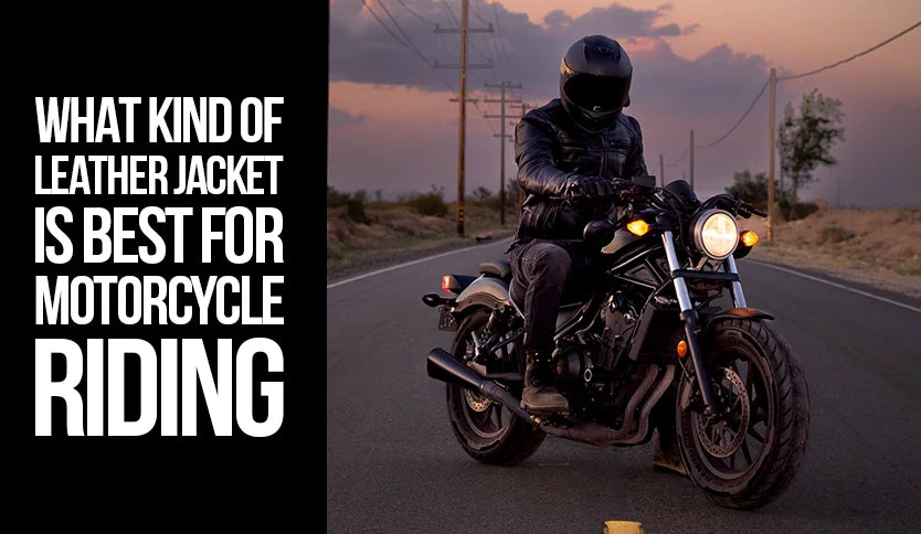 Motorcyclist wearing a black leather jacket riding on an open road at sunset