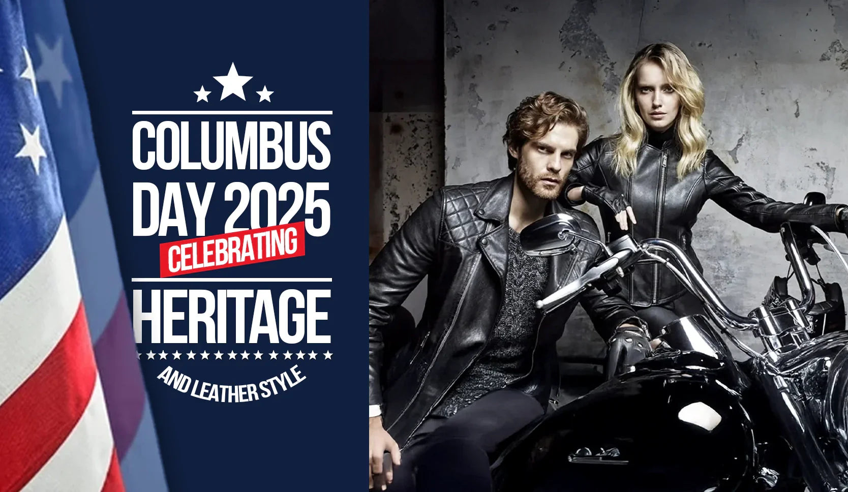 A stylish man and woman wearing black leather jackets pose with a motorcycle beside an American flag backdrop.