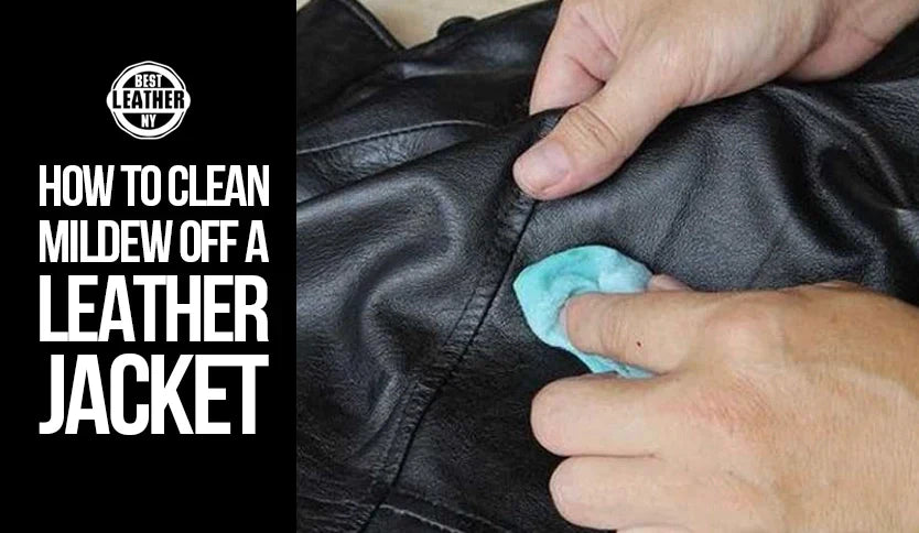 Person wiping mildew off a black leather biker jacket mens style with a soft cloth, leather cleaning tutorial by Best Leather NY.