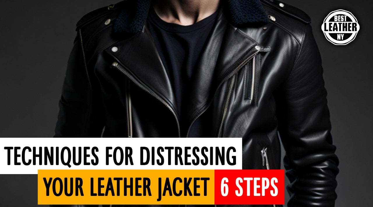 Distressed leather jacket laid flat with vintage finish