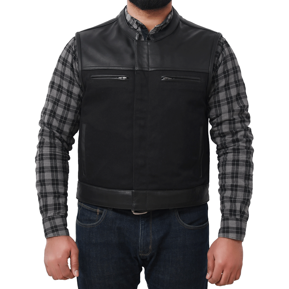 FINN - Motorcycle Leather/Twill Vest Men's Denim Vest Best Leather Ny