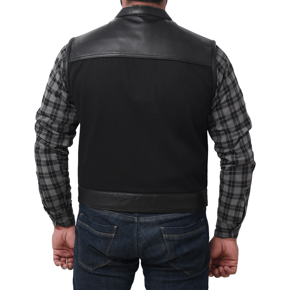 FINN - Motorcycle Leather/Twill Vest Men's Denim Vest Best Leather Ny