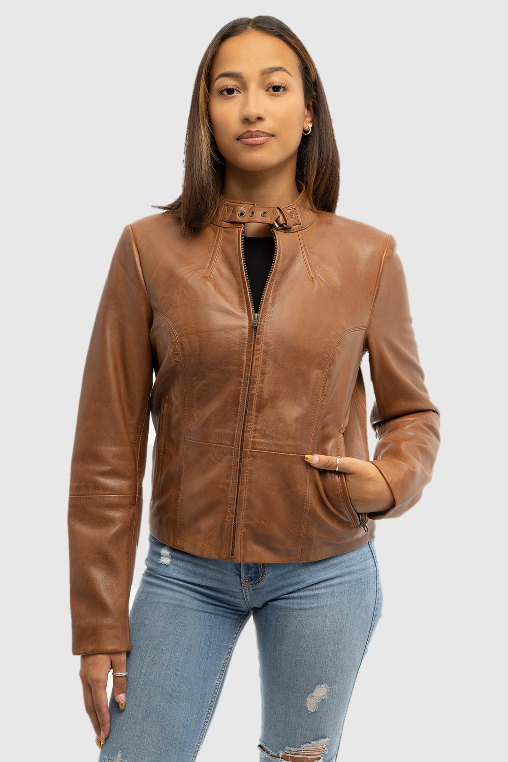 Rexie - Women's Fashion Leather Jacket (Dark Cognac) Women's Fashion Leather Jacket Best Leather Ny