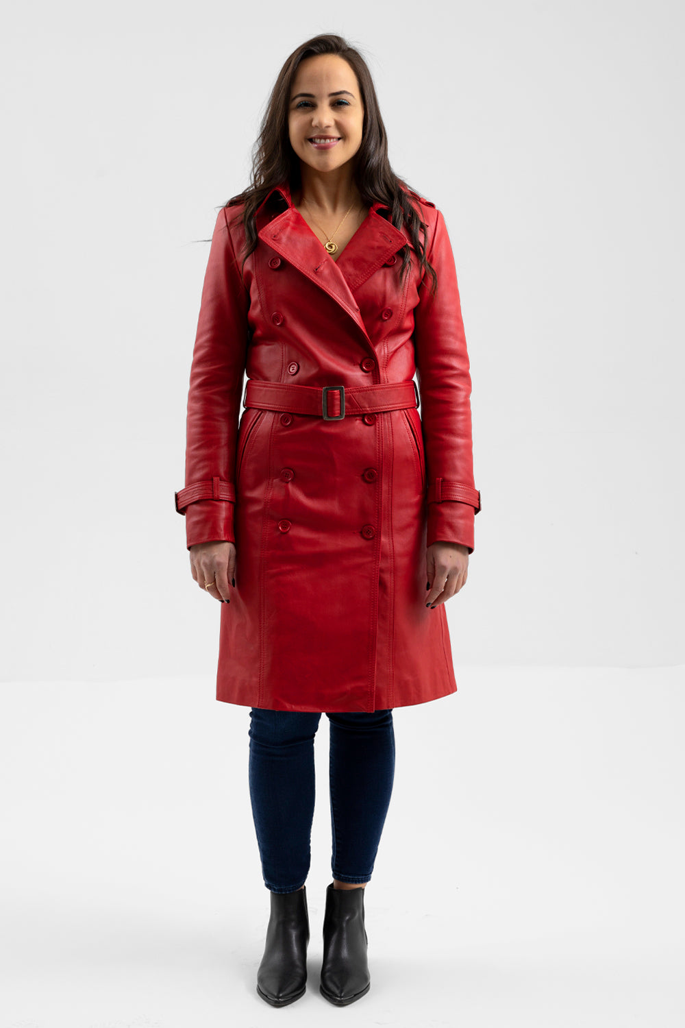 Olivia Women's Leather Trench Coat Red - Main Image