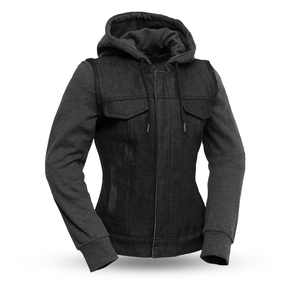 ALEX Motorcycle Denim Vest ( Removable Sweatshirt ) Women's Denim Vest Best Leather Ny XS