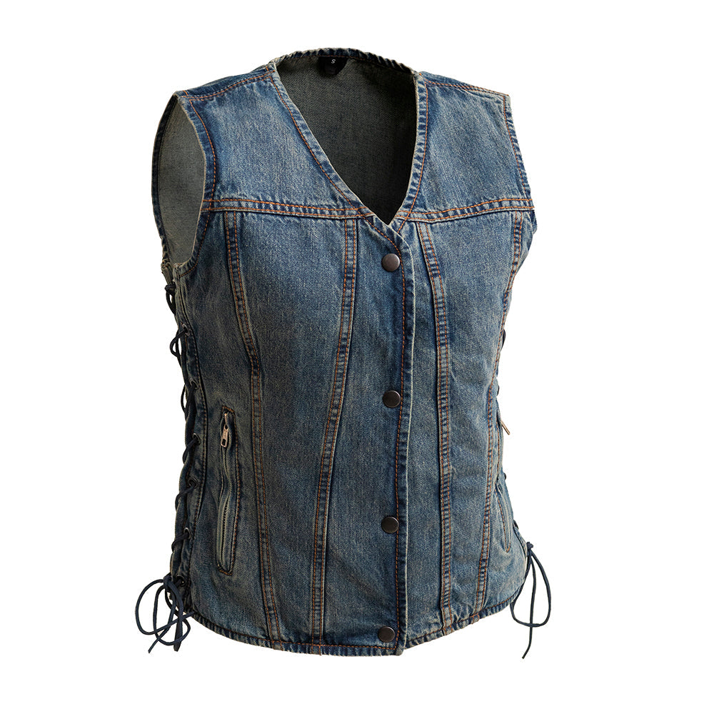 BELLE RIDER Motorcycle Denim Vest Women's Vest Best Leather Ny XS Blue 