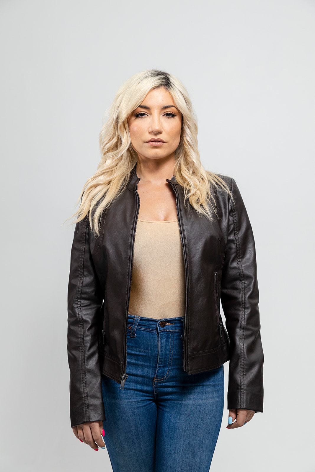Beverly - Women's Vegan Faux Leather/Perforated Jacket Women's Vegan Jacket Best Leather Ny Brown XS