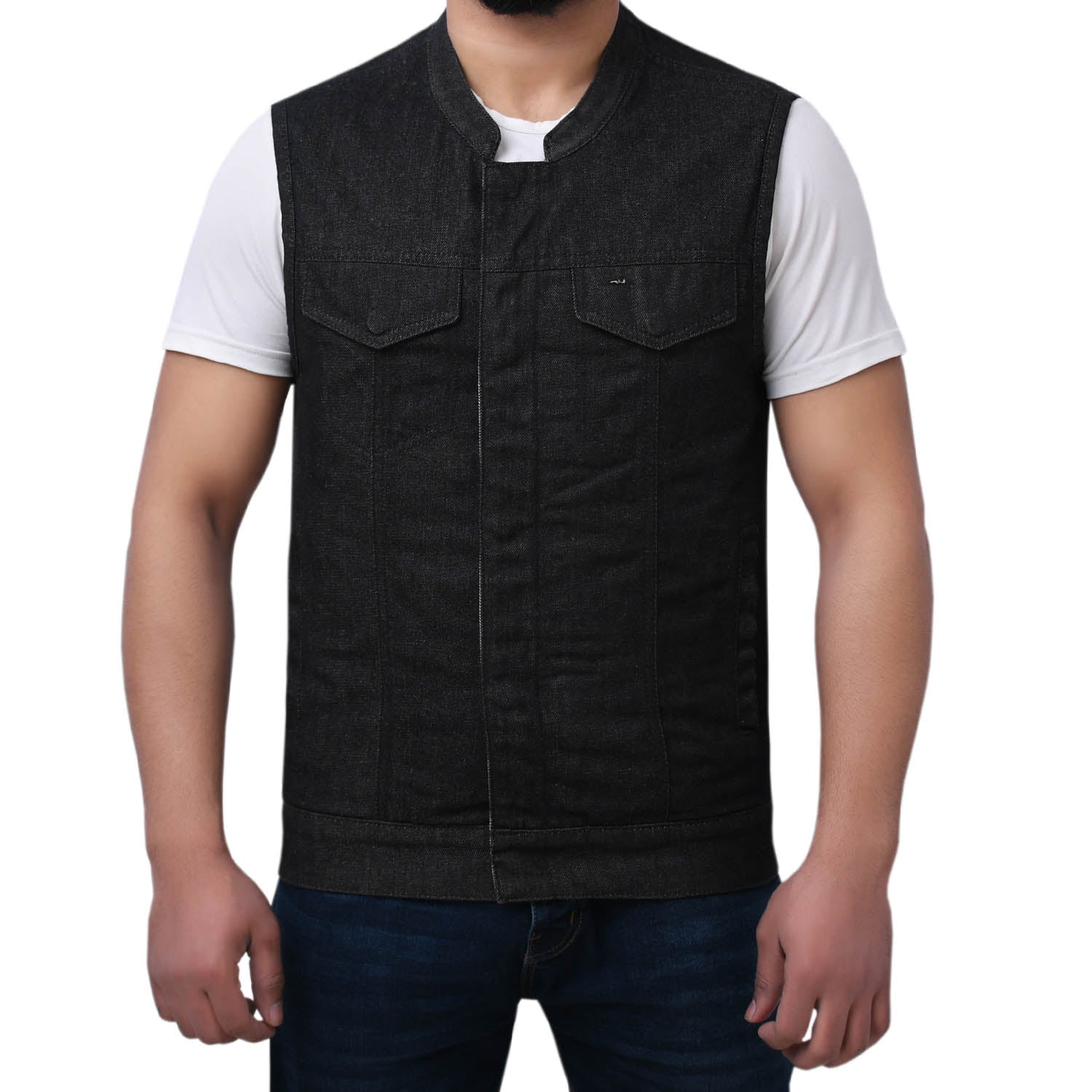 DAREG - Motorcycle Denim Vest Men's Denim Vest Best Leather Ny Black S