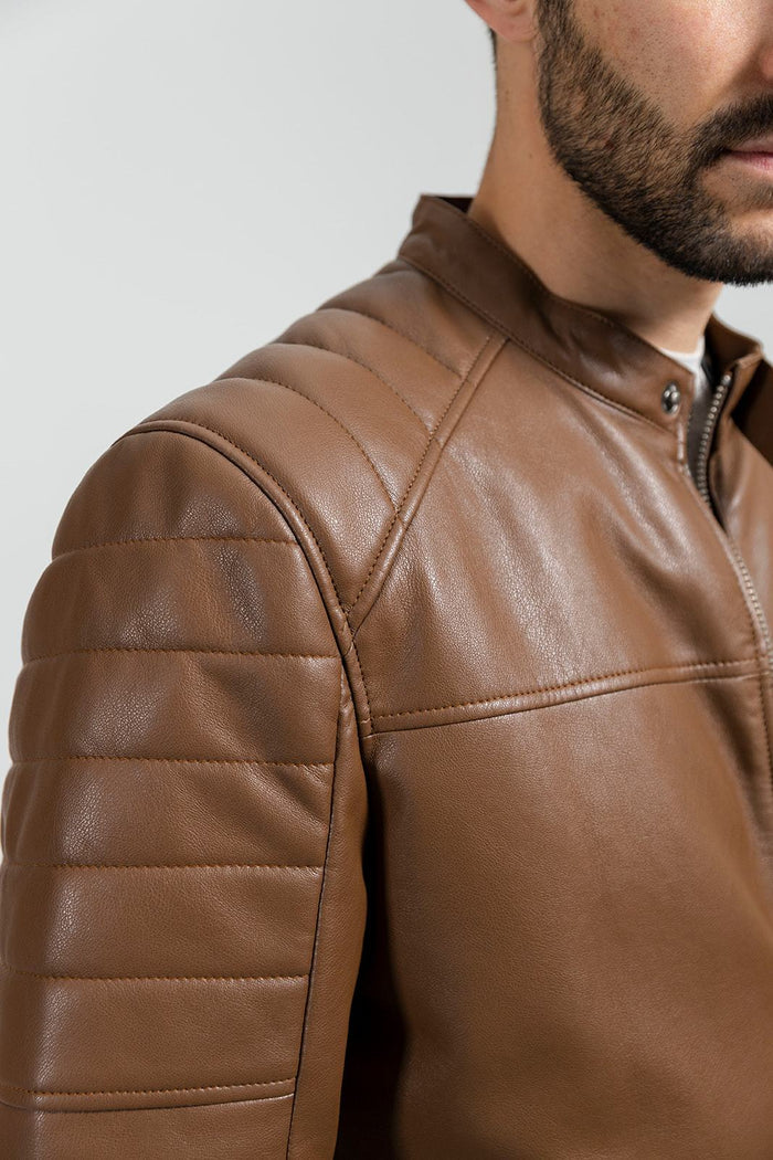 Dustin - Men's Vegan Faux Leather Jacket (Dark Camel) Jacket Best Leather Ny   