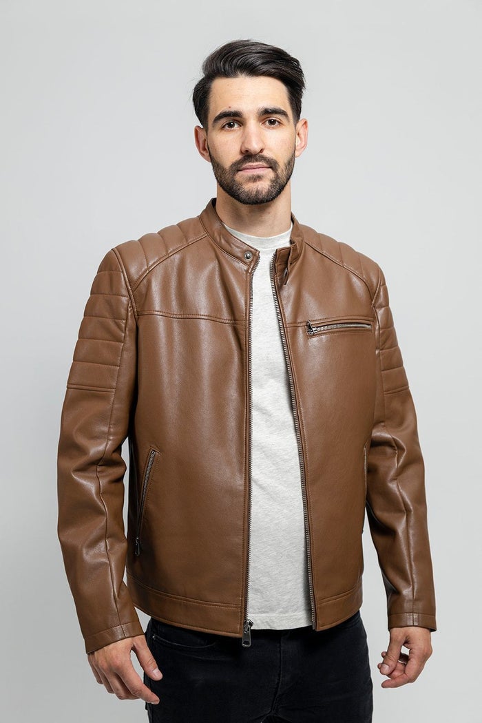 Dustin - Men's Vegan Faux Leather Jacket (Dark Camel) Jacket Best Leather Ny S Dark Camel 