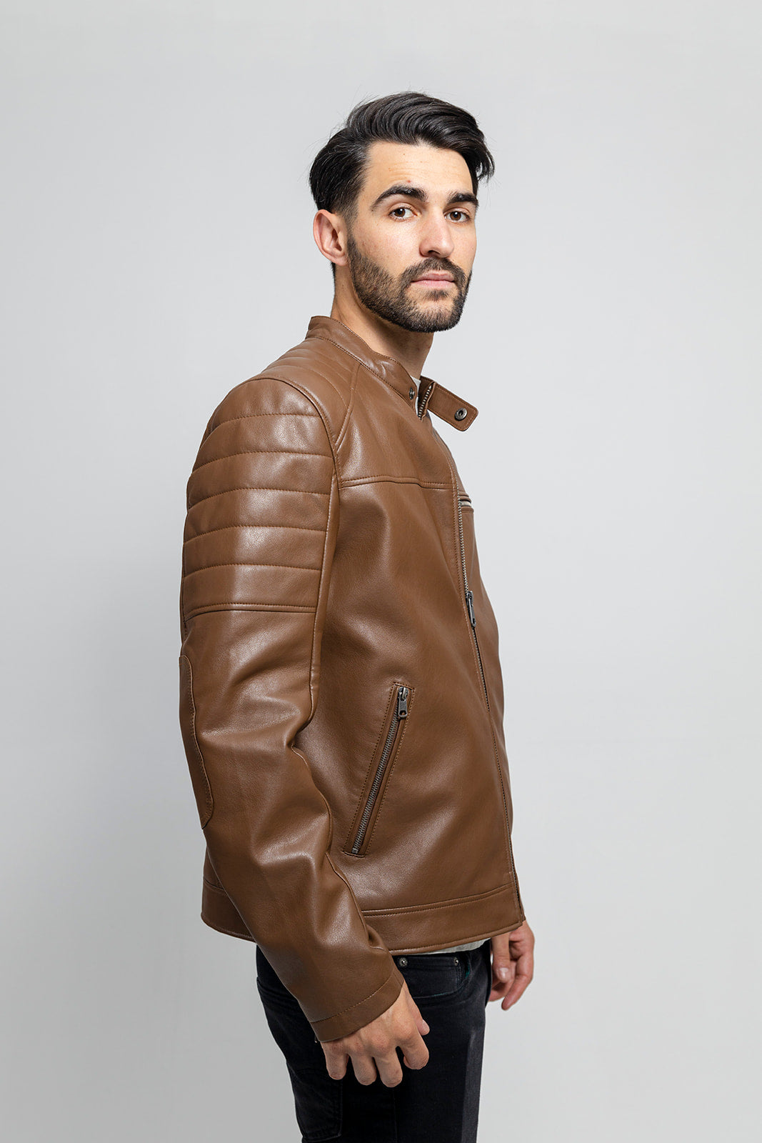 Dustin - Men's Vegan Faux Leather Jacket (Dark Camel) Men's Vegan Jacket Best Leather Ny