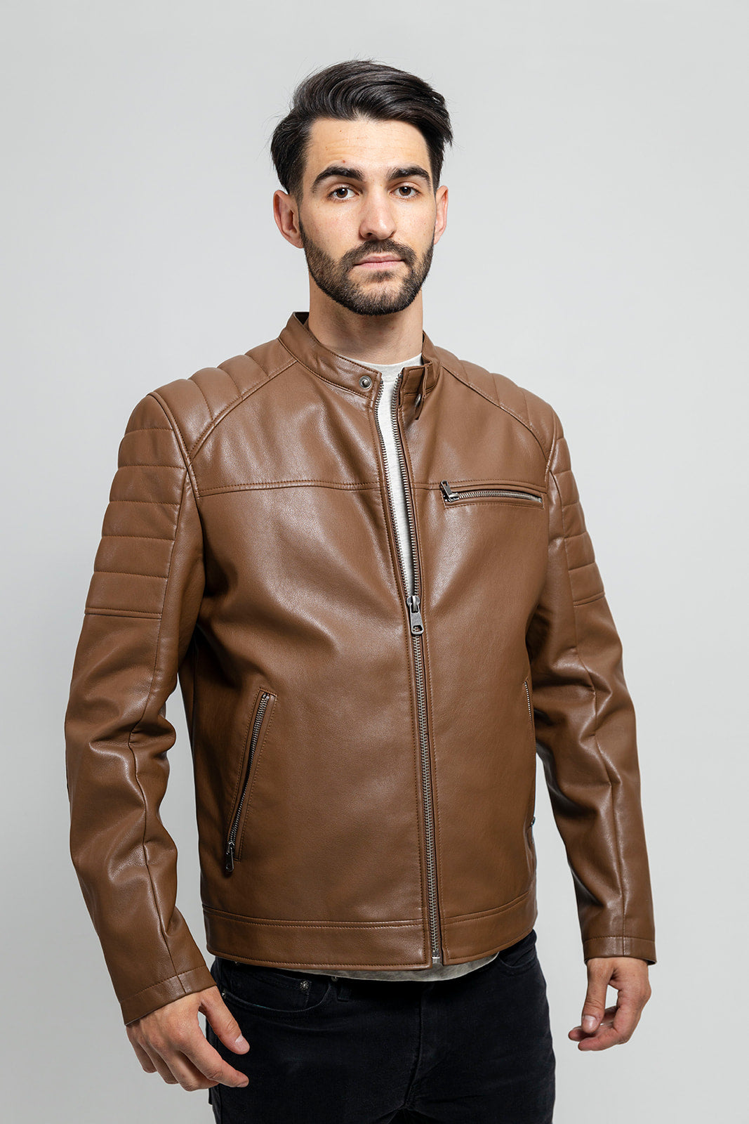 Dustin - Men's Vegan Faux Leather Jacket (Dark Camel) Men's Vegan Jacket Best Leather Ny