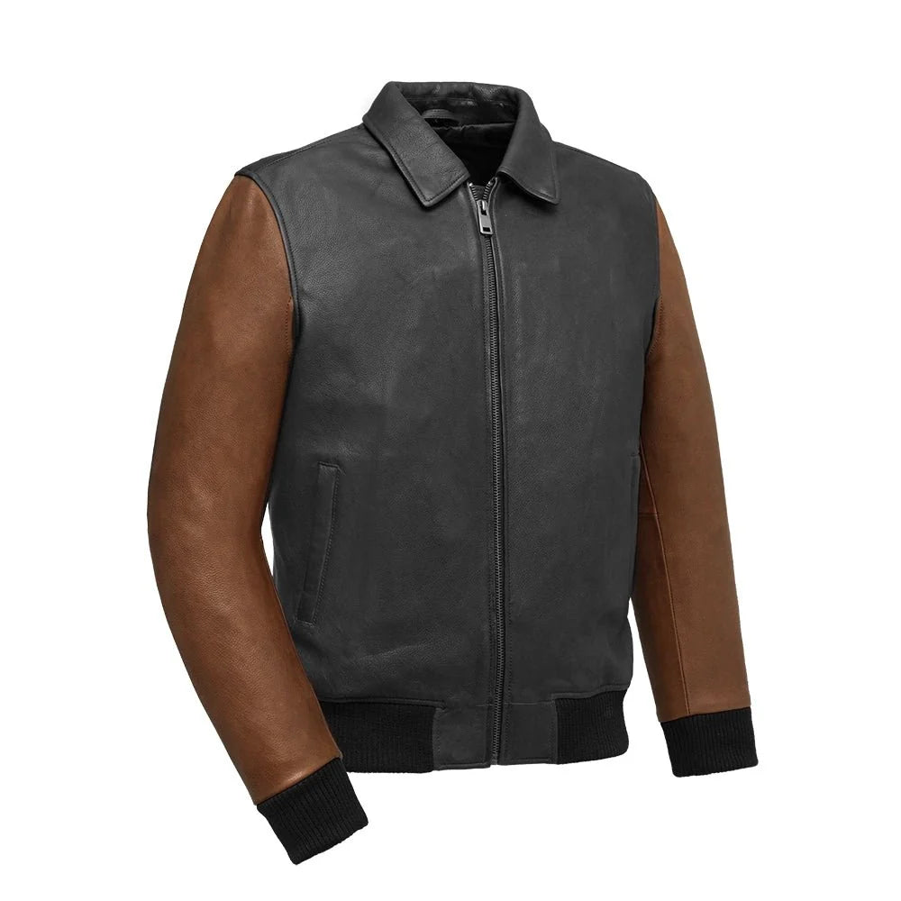 Two-Tone Men‚Äôs Leather Motorcycle Jacket ‚Äì Knitted Cuffs & Waistband Men's Motorcycle Jacket Best Leather Ny Black Cognac S