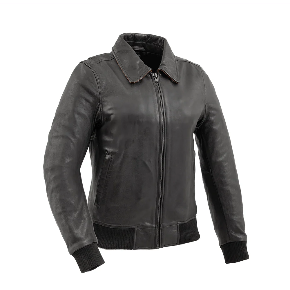 Vixen - Women's Moto Bomber Leather Jacket Women's Motorcycle Leather Jacket Best Leather NY Company Black Cognac XS