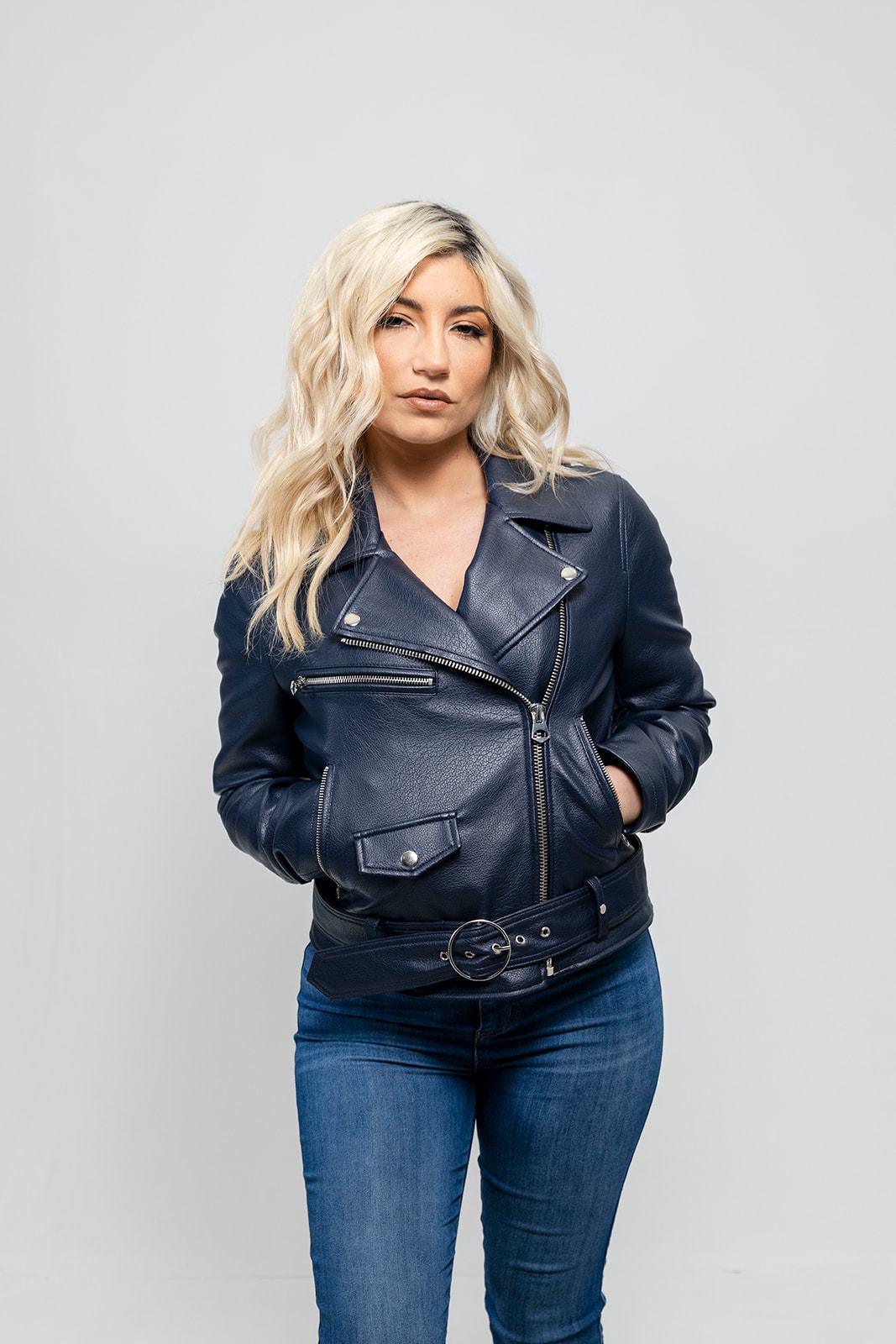 Remy - Women's Vegan Faux Leather Jacket (Navy Blue) Women's Vegan Jacket Best Leather Ny Navy Blue XS