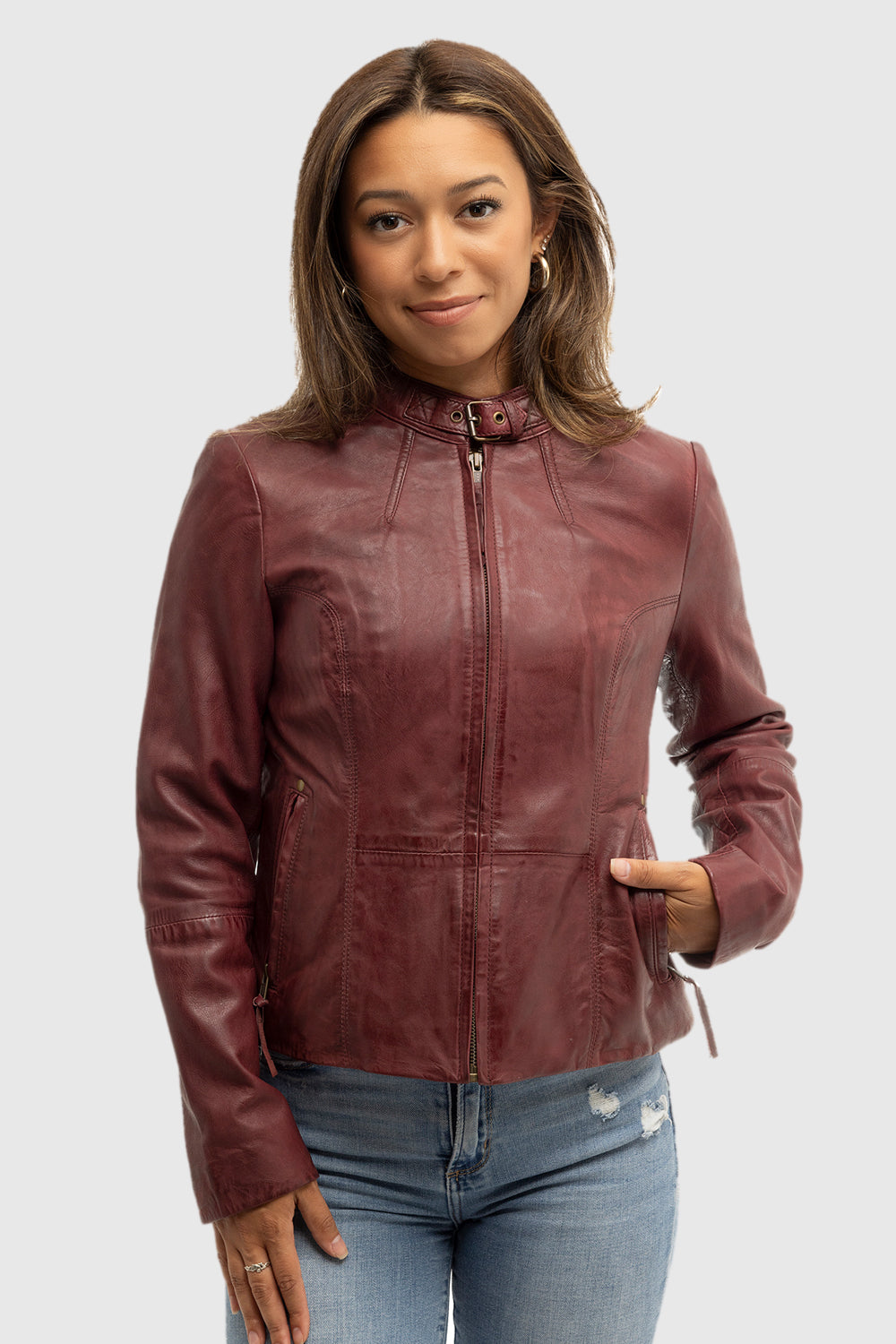Rexie - Women's Fashion Leather Jacket (Sangria) Women's Fashion Leather Jacket Best Leather Ny