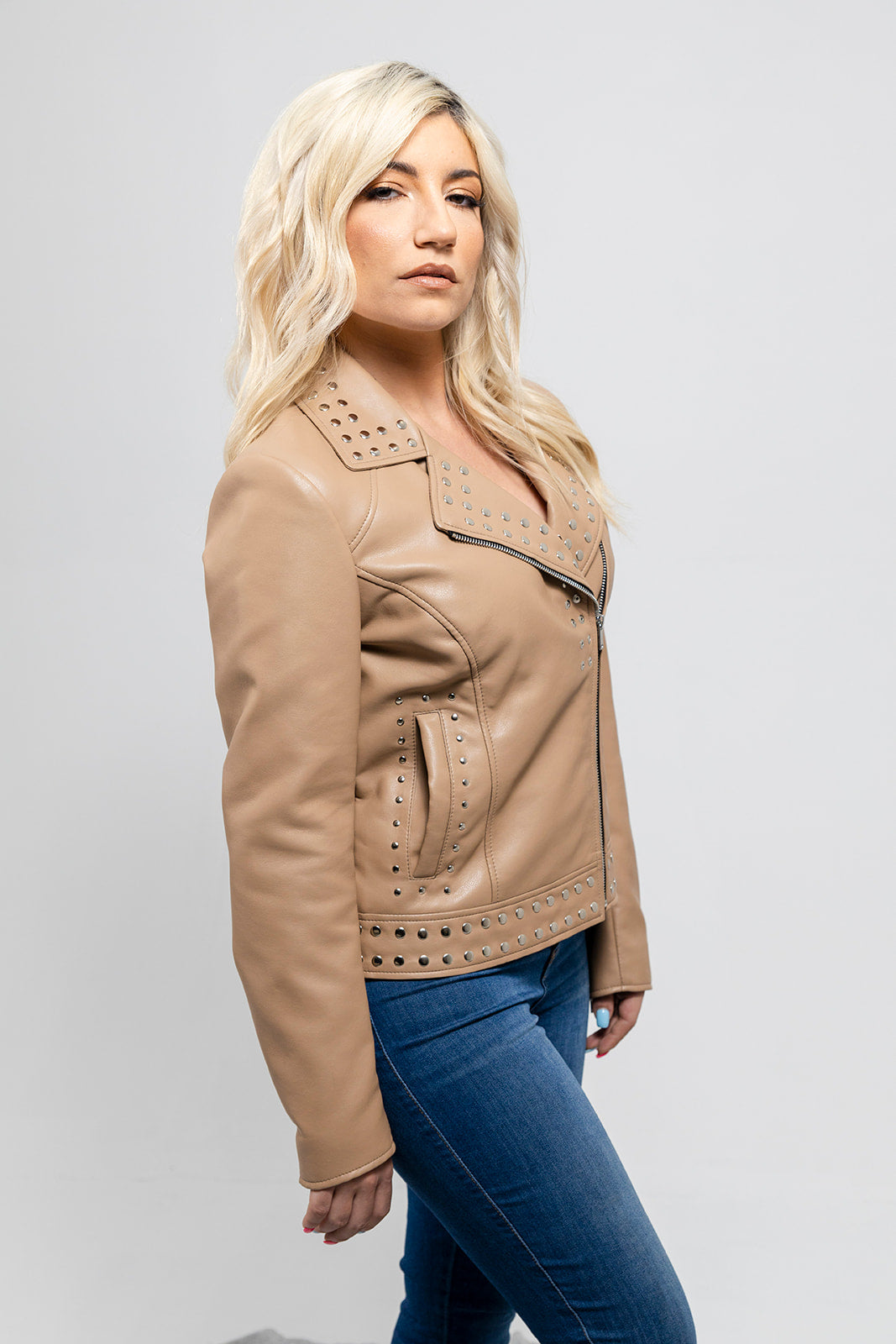 Sandy - Women's Vegan Faux Leather Jacket (Beige) Women's Vegan Jacket Best Leather Ny Beige XS