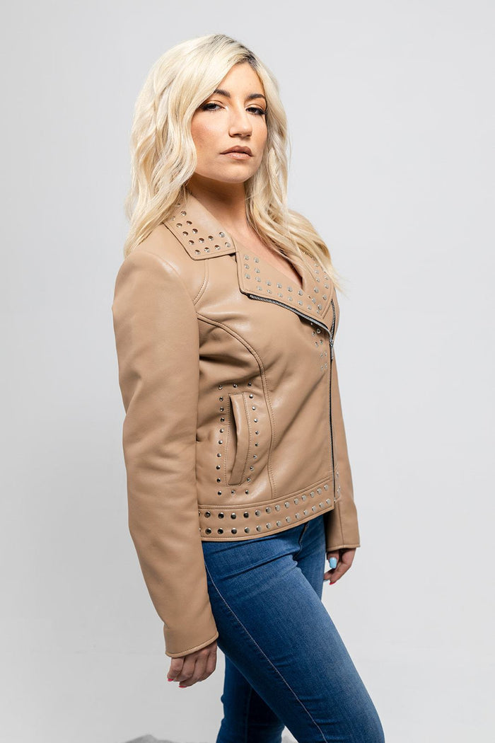 Sandy - Women's Vegan Faux Leather Jacket (Beige) Jacket Best Leather Ny   