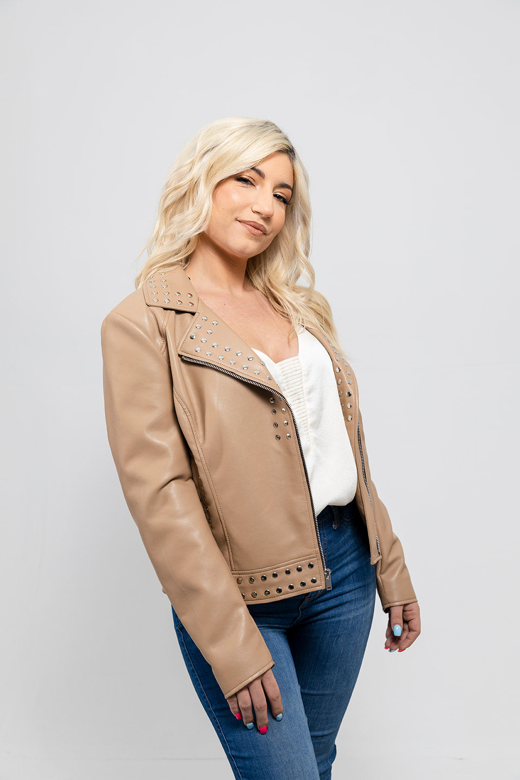 Sandy - Women's Vegan Faux Leather Jacket (Beige) Women's Vegan Jacket Best Leather Ny