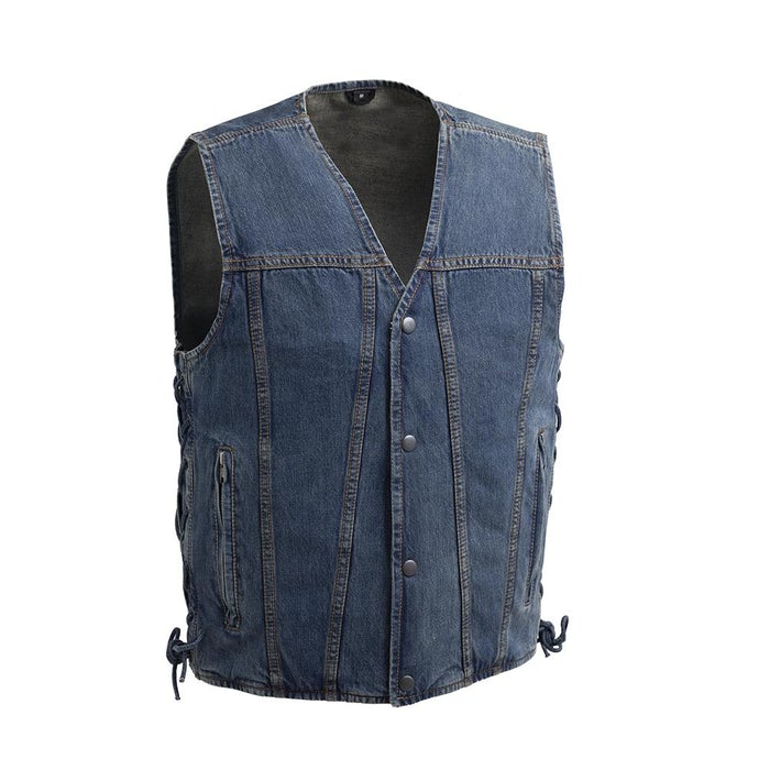 THRONE - Motorcycle Denim Vest Men's Denim Vest Best Leather Ny Blue S 