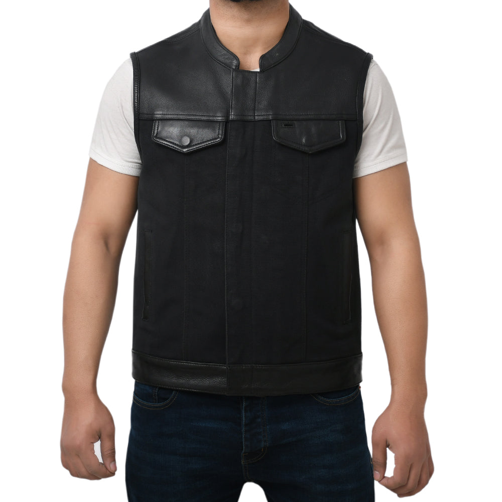 DETOUR - Motorcycle Leather/Canvas Vest Men's Canvas Vests Best Leather Ny   
