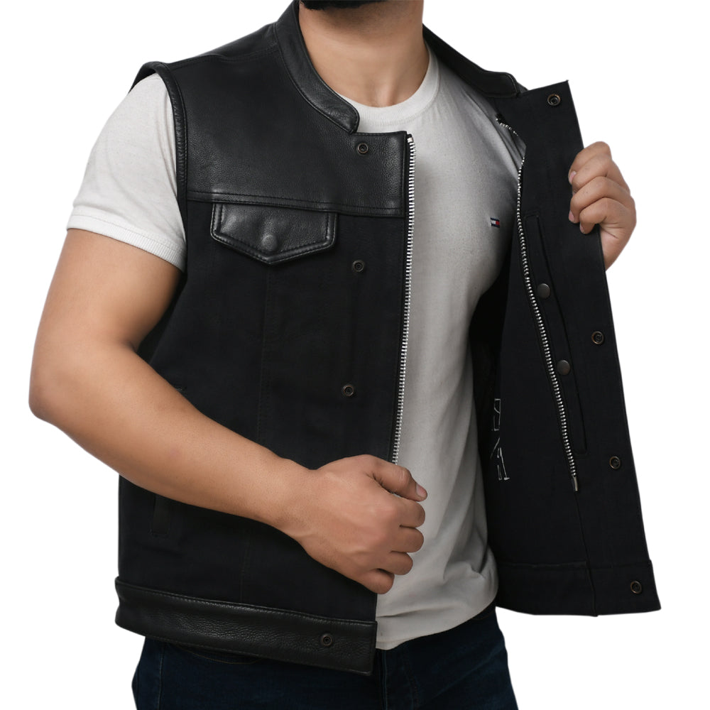 DETOUR - Motorcycle Leather/Canvas Vest Men's Canvas Vests Best Leather Ny   